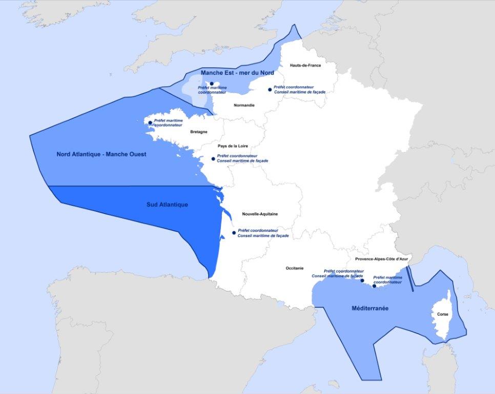 Map of France indicating the areas of maritime development activities